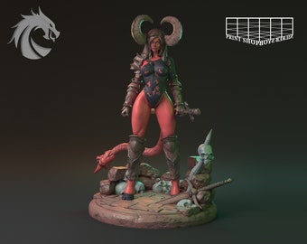 May include: A red-skinned female figurine with horns and a tail, wearing armor and holding a sword. The figurine is standing on a stone base with skulls and swords.