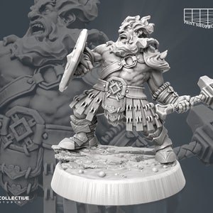 May include: A grey, detailed miniature figurine of a warrior holding a hammer and shield. The warrior is wearing armour and a helmet with a beard. The figurine is standing on a round base.
