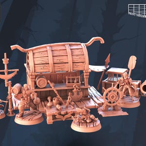 以下が含まれることがあります： 未塗装の海賊をテーマにしたミニチュアのフィギュアと構造物のコレクション。セットには、船の舵、大砲、樽、小さな船、いくつかの海賊のフィギュアが含まれています。STL Miniaturesのロゴが見えます。