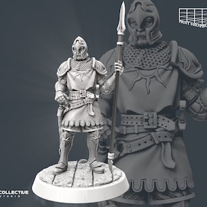 Könnte beinhalten: Eine graue 3D-gedruckte Miniatur eines Ritters in Rüstung, der eine Lanze hält. Der Ritter trägt einen Helm mit Visier, Kettenhemd und einen Wams mit einem Sonnendesign. Die Miniatur steht auf einem runden Sockel.