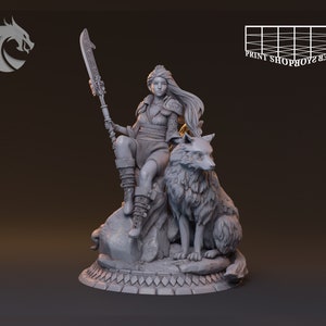 Gardien Gardien Orita-Okami Miniature | Samouraï féminin avec loup miniature | pour D&D 5e, Pathfinder et autres RPG | 28mm | 32mm | 75mm