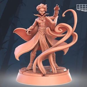 May include: A 3D printed miniature of a wizard casting a spell. The wizard is wearing a long robe and holding a book. The spell is represented by swirling tendrils of energy.