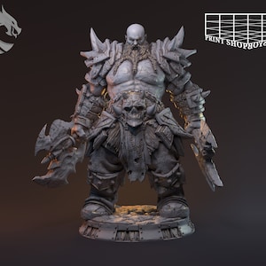 May include: A detailed grey 3D printed miniature of a large, muscular, armoured warrior with a beard and a skull on his belt. He is holding two large axes.
