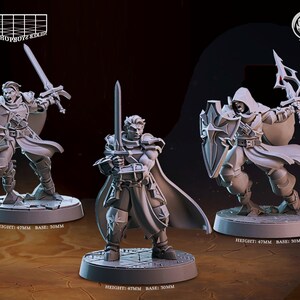 May include: Three gray plastic miniature figures of warriors, each holding a sword and shield. The figures are standing on round bases. The bases are labeled with the height and base measurements in millimeters. The text on the bases reads: "HEIGHT: 47MM BASE: 30MM".