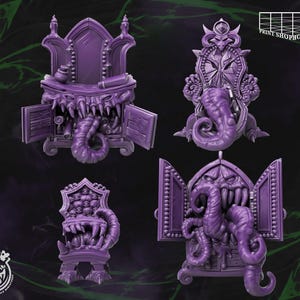 May include: Four purple fantasy-themed 3D-printed models. The models include a desk, a throne, and two other ornate pieces, all with monstrous features like teeth and tentacles. The models are set against a dark background with green accents. The text "PRINT SHOPBOYZ" is visible.