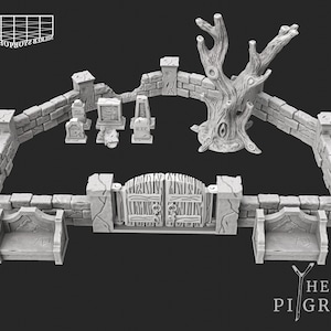 May include: A gray miniature graveyard scene with a brick wall, gate, tombstones, and a tree. The scene includes a weathered brick wall with a wooden gate, several tombstones, and a detailed tree. The overall design is intended for tabletop gaming.