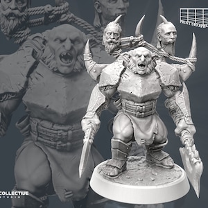 Könnte beinhalten: Graue Miniaturfigur eines Fantasy-Kriegers mit grimmigem Gesichtsausdruck, großen Hörnern und zwei Klingenwaffen. Die Figur trägt eine Rüstung und hat abgehackte Köpfe an den Schultern hängen. Der Sockel ist rund und der Hintergrund ist ein Farbverlauf.