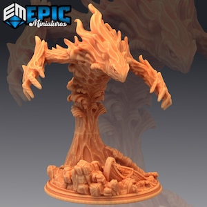 May include: A miniature figurine of a fiery creature with a humanoid form, standing on a rocky base. The creature has a fiery head and arms, and its body is made of flames. The base is decorated with rocks and a small boat.