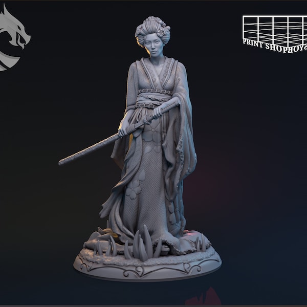 Geisha Vechter Miniatuur | Vrouwelijke Katana Samurai Miniatuur | voor D&D 5e, Pathfinder en andere RPG's | 28mm | 32mm | 75mm