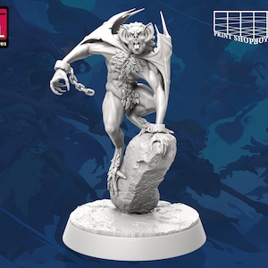 May include: A detailed, gray 3D-printed miniature of a bat-like creature with large wings, chained wrists, and a fierce expression. The figure is posed atop a rock, with a round base. The logo "STL Miniatures" is visible.