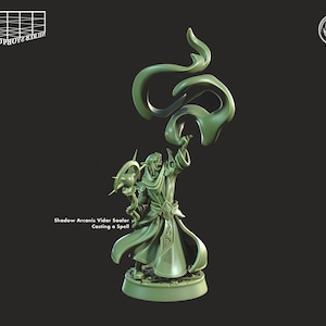 Könnte beinhalten: Eine grüne Miniaturfigur eines Zauberers, der einen Zauber wirkt. Der Zauberer trägt eine lange Robe und hält einen Stab. Der Zauber wird als wirbelnder grüner Nebel dargestellt.