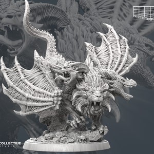 May include: A 3D printed miniature of a chimera, a mythical creature with the head of a lion, the head of a dragon, and the head of a goat. The chimera is standing on a base with a skull and bones.