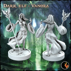 Dark Elf Mage Miniature | Female Dark Elf Wizard Miniature | for D&D 5e, Pathfinder and other RPG&#39;s | 28mm | 32mm | 75mm