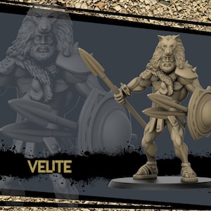 Könnte beinhalten: Eine graue Plastik-Miniaturfigur eines Kriegers mit einem Wolfskopfhelm, der einen Speer und einen Schild hält. Die Figur steht auf einem runden Sockel. Der Text "VELITE" ist im Hintergrund sichtbar.