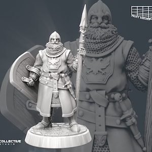 May include: A miniature figurine of a dwarf warrior wearing chainmail armor and a helmet with a beard. He is holding a spear in his right hand and a shield in his left hand. The figurine is painted in a gray color.