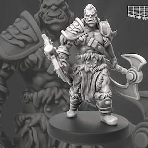 May include: A grey plastic miniature figurine of an Orc warrior holding a large axe. The Orc is wearing a fur loincloth and armour.