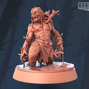 May include: A detailed 3D-printed miniature of a monstrous figure, with exposed musculature, a decaying face, and vines entwined around its body. The figure is posed on a circular base. The "STL Miniatures" logo is visible.