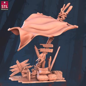Könnte beinhalten: Eine 3D-gedruckte Miniatur eines hölzernen Wegweisers mit einem roten Tuch, das über die Oberseite gelegt ist. Der Wegweiser hat zwei Schilder mit der Aufschrift "THIEVES NEAR". Der Wegweiser ist von Holzbrettern und anderem Schutt umgeben.