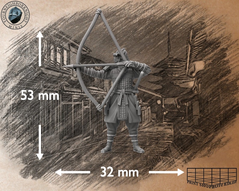 Puede incluir: Una figura miniatura de pl&aacute;stico gris de un guerrero sosteniendo un arco y una flecha. La figura mide 5,3 cm de alto y 3,2 cm de ancho.