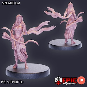 May include: A 3D printed miniature of a female figure wearing a hooded robe and holding a bow and arrow. The figure is standing on a round base. The miniature is pre-supported and is part of a set of miniatures for tabletop role-playing games.
