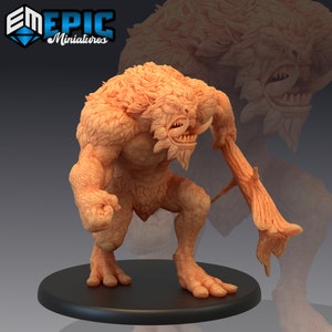 May include: A detailed miniature of a creature with a furry, orange body, a large head with a toothy grin, and a long, branch-like arm. The creature is standing on a round base.