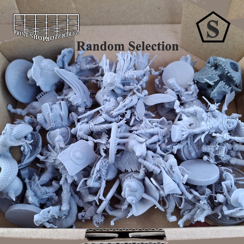May include: A box filled with a random selection of gray miniature figurines. The figurines depict various fantasy characters, creatures, and objects. The text "Random Selection" is visible on the box.