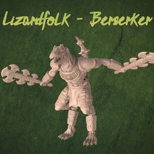 May include: A beige plastic miniature figurine of a lizardfolk berserker holding a double-bladed axe. The figurine is posed in a fighting stance with its mouth open and its eyes wide. The text "Lizardfolk - Berserker" is written above the figurine.