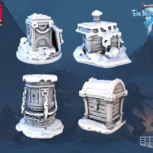 Treasure Chest Miniature Set | Treasure Tokens Chest Figure Pack | Frost and Snow 3D Terrain | Miniature for TTRPGs like D&D or Pathfinder | 32 mm