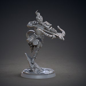 May include: A gray, detailed miniature figurine of a humanoid figure with horns, wearing armor and holding a bow and arrow. The figure is standing on a rocky base.