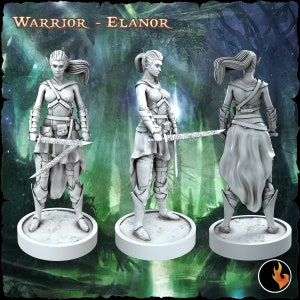 Op de afbeelding: Een wit geverfd miniatuurbeeldje van een elfenkrijger, met lang bruin haar, die een harnas draagt en een zwaard vasthoudt. Het beeldje staat op een ronde basis. De afbeelding is getiteld "Warrior - Elanor".