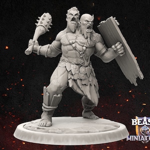 Charging Ettin Miniature | Raging Giant Miniature | for D&D 5e, Pathfinder and other RPG&#39;s | 32mm