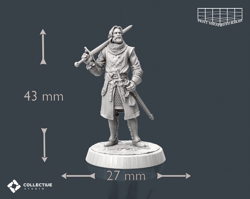 Riddarlig säkerhetsvakt utan hjälm miniatyr | Vaktsvärdskämpe figur | NPC Townsfolk | för D&D 5e, Pathfinder och andra RPG:er | 32 mm | 75 mm bild 2
