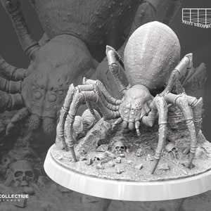 May include: A detailed, gray, 3D printed model of a large spider with eight legs, a segmented body, and a textured surface. The spider is posed on a round base with a rough, rocky texture. The base is surrounded by small, gray skulls.