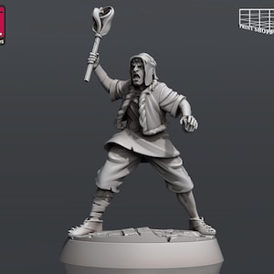 Puede incluir: Una miniatura impresa en 3D de un personaje de fantasía empuñando un bastón con cabeza de serpiente. El personaje lleva una túnica y tiene una expresión feroz.