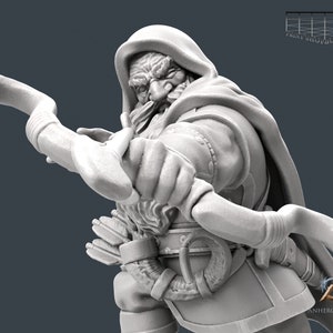 May include: A white, detailed miniature figurine of a dwarf archer, wearing a hooded cloak and holding a bow and arrow. The dwarf has a long beard and a serious expression on his face.