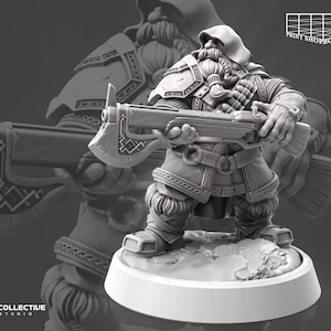 May include: A gray 3D printed miniature of a dwarf warrior holding a crossbow with a scope. The dwarf is wearing a hooded cloak, fur-lined armor, and a belt with pouches. The miniature is standing on a round base.
