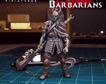 Demonische Berserker Krijger Miniatuur | Tiefling Helm Barbaar Figuur | voor D&D 5e, Pathfinder en andere RPG's | 28 mm | 32 mm | 75 mm