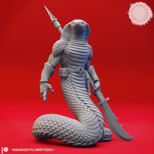 May include: A grey 3D printed figurine of a snake-like creature with a spear. The creature has a human-like torso and arms, and a snake-like tail. The figurine is posed in a standing position, holding the spear in its right hand.