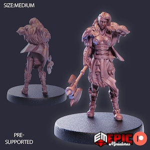 May include: A medium-sized, pre-supported miniature of a female warrior, holding a battle axe. The figure is clad in armor and fur accents, standing on a black base. The image includes the text "SIZE: MEDIUM" and the logo for "EM EPIC Miniatures".