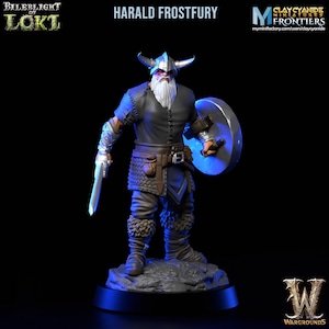 May include: A painted miniature figurine of a warrior with a white beard, wearing a horned helmet and holding a sword and shield. The figurine is standing on a gray base with a blue light shining on it. The text "HARALD FROSTFURY" is written above the figurine.