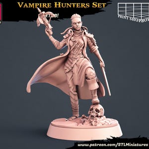 Miniatura de cazadora de vampiros | Figura de cazadora de vampiros femenina | Personaje heroico | para juegos de rol como D&D, Pathfinder y otros | 32 mm
