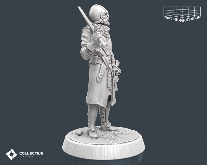 K&ouml;nnte beinhalten: Eine wei&szlig;e 3D-gedruckte Miniatur eines Ritters in R&uuml;stung, der ein Schwert h&auml;lt und einen Helm mit Bart tr&auml;gt. Der Ritter steht auf einem runden Sockel.