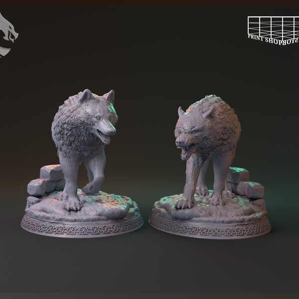 Wolf Companion Set Miniature | Wolf Pair Miniature Set | for D&D 5e, Pathfinder and other RPG's | 32mm | 75mm