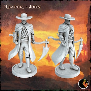 May include: A white painted miniature figurine of a reaper with a scythe, wearing a wide-brimmed hat and a long coat. The figurine is standing on a round base. The text "Reaper - John" is visible in the background.