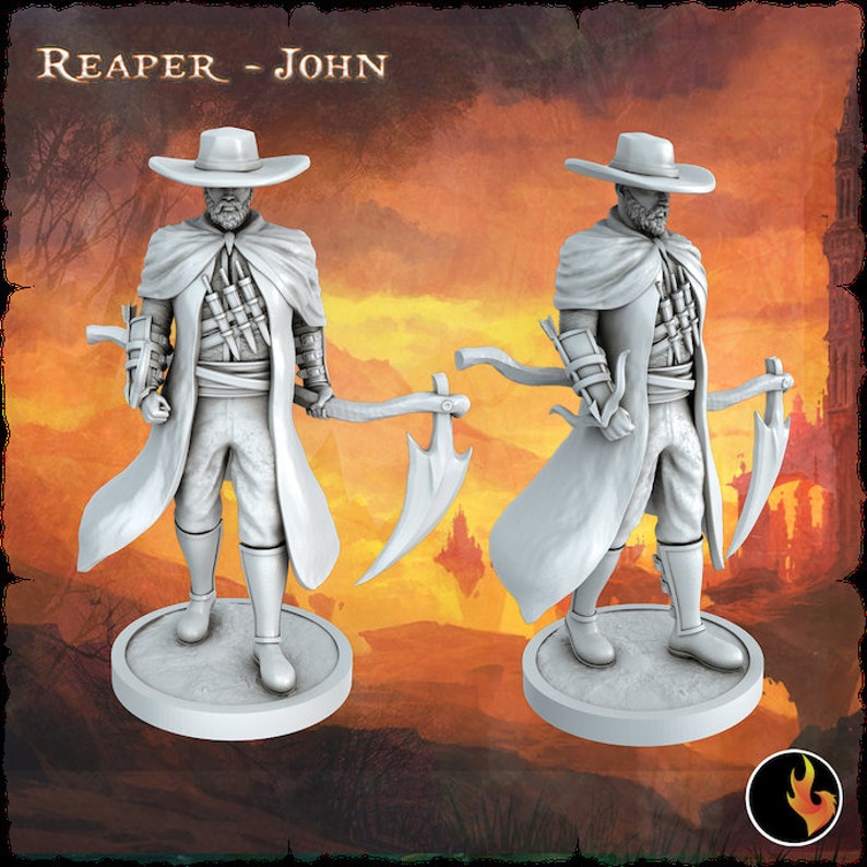 May include: A white painted miniature figurine of a reaper with a scythe, wearing a wide-brimmed hat and a long coat. The figurine is standing on a round base. The text "Reaper - John" is visible in the background.