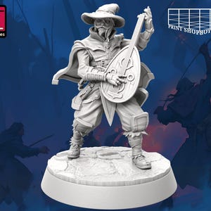 May include: A white 3D printed miniature of a fantasy bard playing a lute. The bard is wearing a pointed hat, a cloak, and leather trousers. The miniature is standing on a round base.