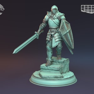 May include: A green painted miniature figurine of a knight in armor holding a sword and shield. The knight is standing on a stone base.