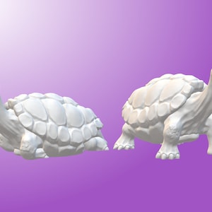 Könnte beinhalten: Zwei weiße Keramik-Schildkrötenskulpturen, eine stehend und eine liegend, mit detaillierten Panzertexturen.