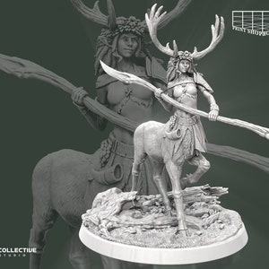 May include: A grey, detailed miniature figurine of a female centaur with antlers, holding a staff. She is wearing a leafy skirt and a necklace. The figurine is standing on a round base with a grassy texture.