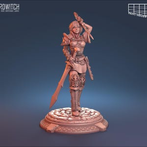 May include: A detailed miniature figurine of a female warrior in a fantasy setting. She is wearing armor and holding a sword. The figurine is painted in a light brown color and is standing on a circular base.